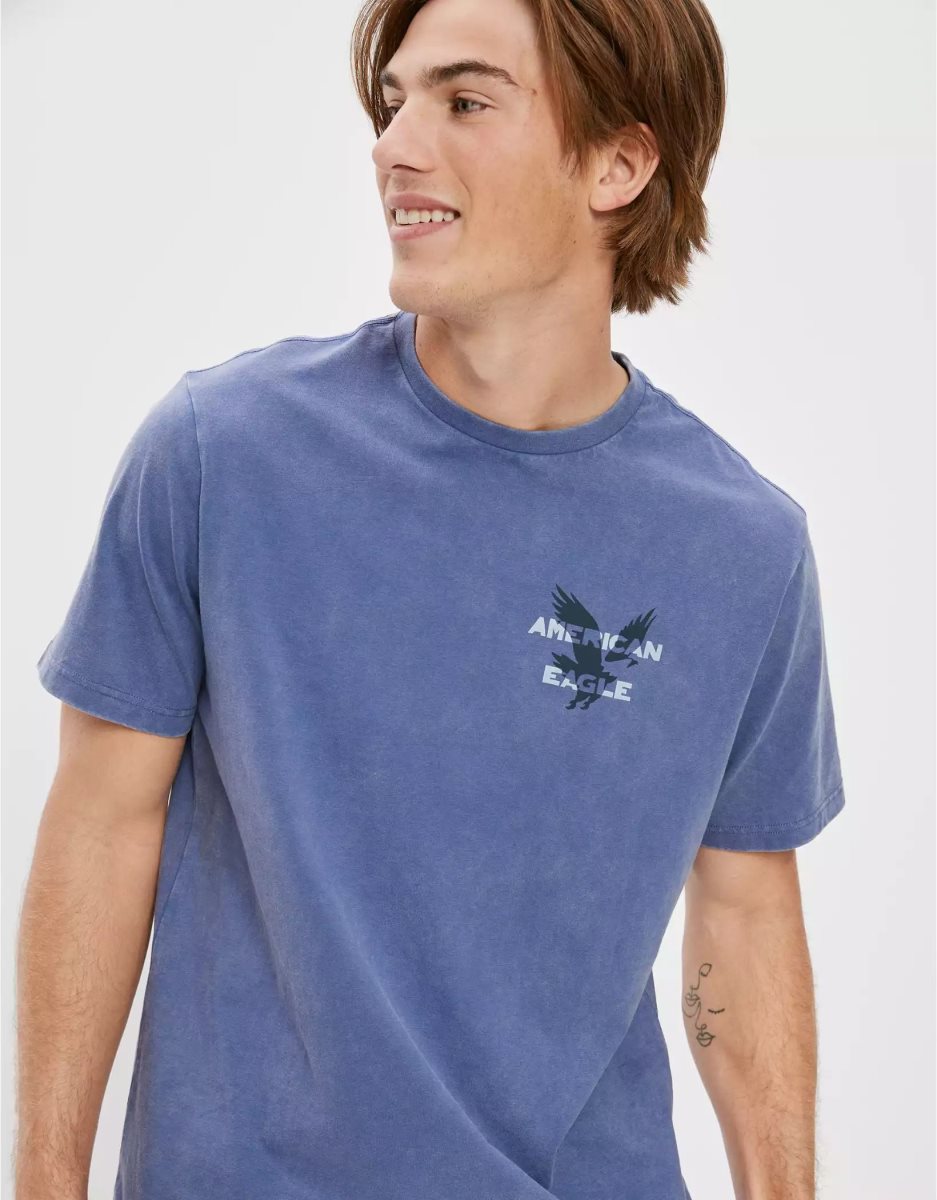 T Shirt Graphique American Eagle AE Super Soft Logo Bleu Foncé Homme | OFY-13476336